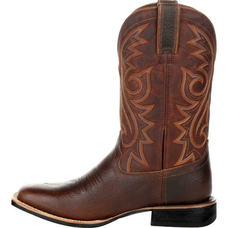 Men's Genuine Leather Mid-Calf Pointed Toe Mid Heel Cowboy Boots - CB001