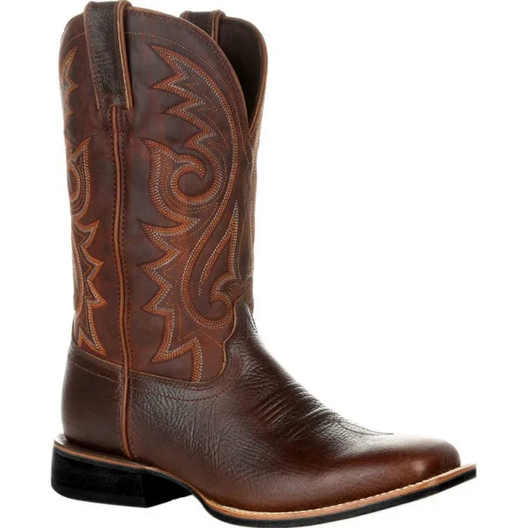 Men's Genuine Leather Mid-Calf Pointed Toe Mid Heel Cowboy Boots - CB001