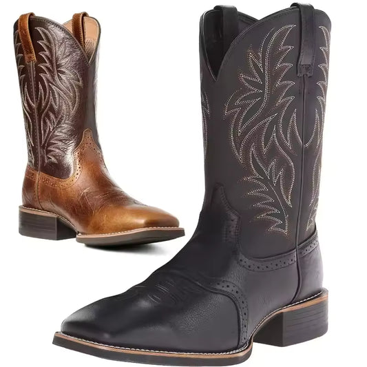 Men's PU Leather Western Embroidered Mid-Calf Pointed Toe Mid Heel Cowboy Boots - CB012