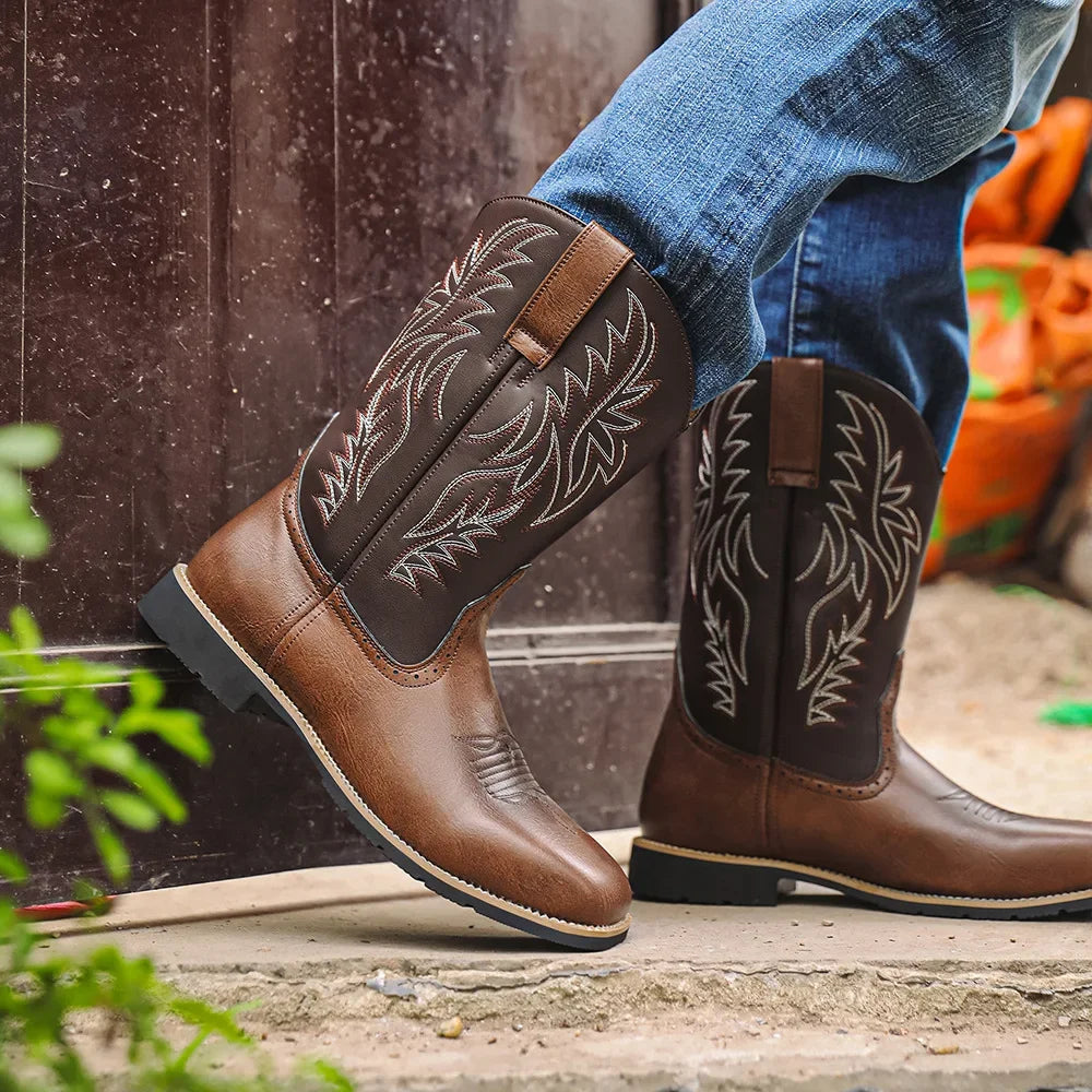 Men's PU Leather Western Embroidered Mid-Calf Pointed Toe Mid Heel Cowboy Boots - CB003