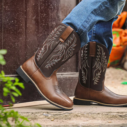 Men's PU Leather Western Embroidered Mid-Calf Pointed Toe Mid Heel Cowboy Boots - CB003