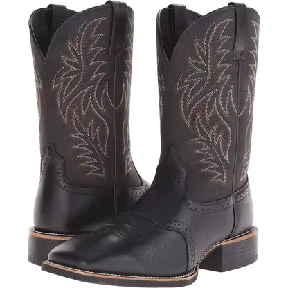Men's PU Leather Western Embroidered Mid-Calf Pointed Toe Mid Heel Cowboy Boots - CB012