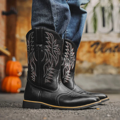 Men's PU Leather Western Embroidered Mid-Calf Pointed Toe Mid Heel Cowboy Boots - CB003