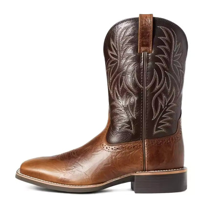 Men's PU Leather Western Embroidered Mid-Calf Pointed Toe Mid Heel Cowboy Boots - CB012