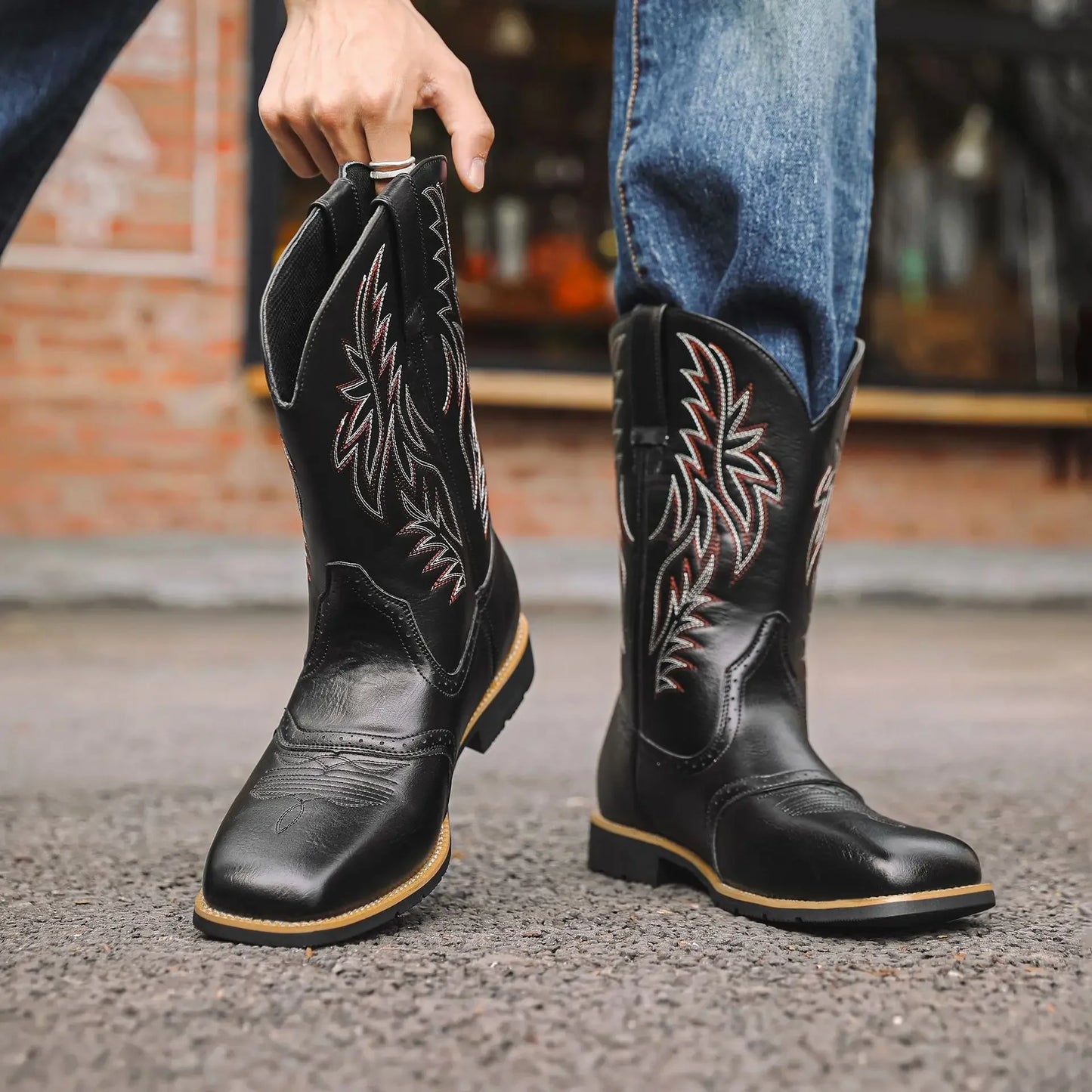 Men's PU Leather Western Embroidered Mid-Calf Pointed Toe Mid Heel Cowboy Boots - CB003