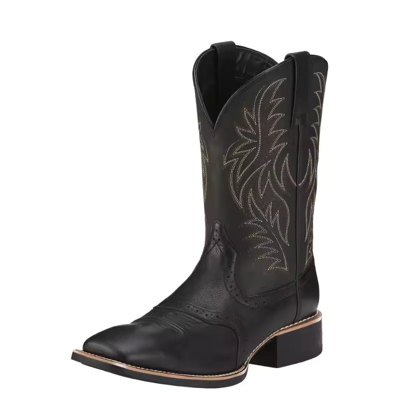 Men's PU Leather Western Embroidered Mid-Calf Pointed Toe Mid Heel Cowboy Boots - CB012