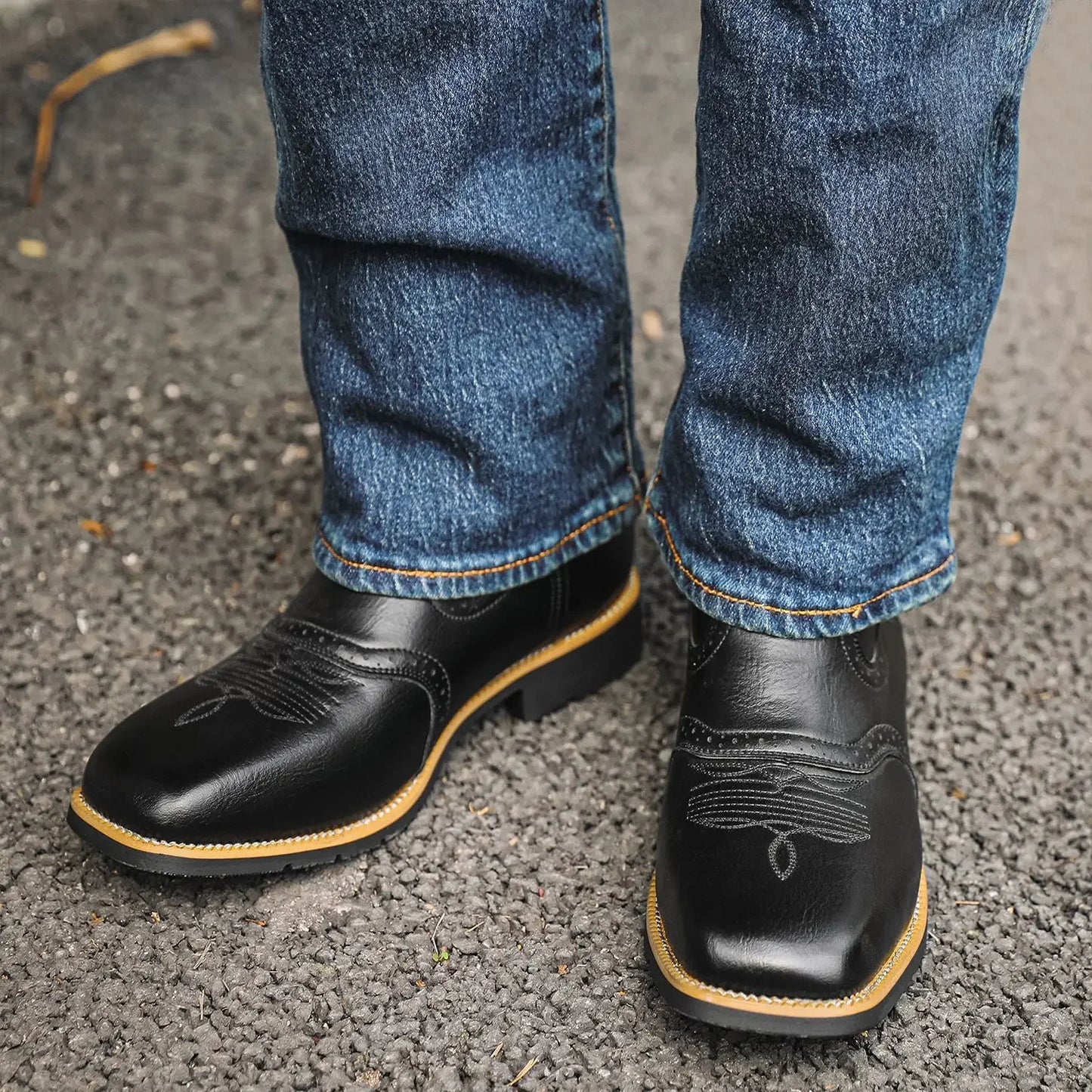 Men's PU Leather Western Embroidered Mid-Calf Pointed Toe Mid Heel Cowboy Boots - CB003