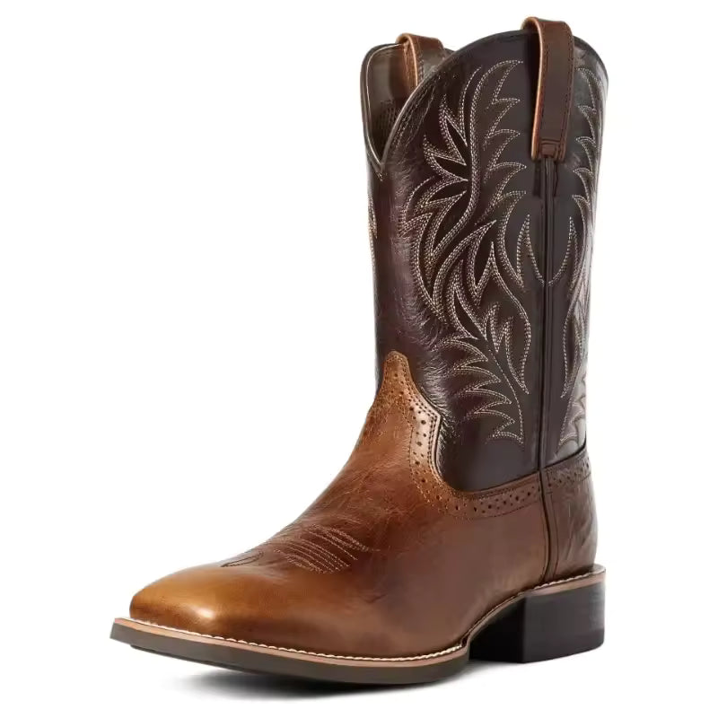 Men's PU Leather Western Embroidered Mid-Calf Pointed Toe Mid Heel Cowboy Boots - CB012