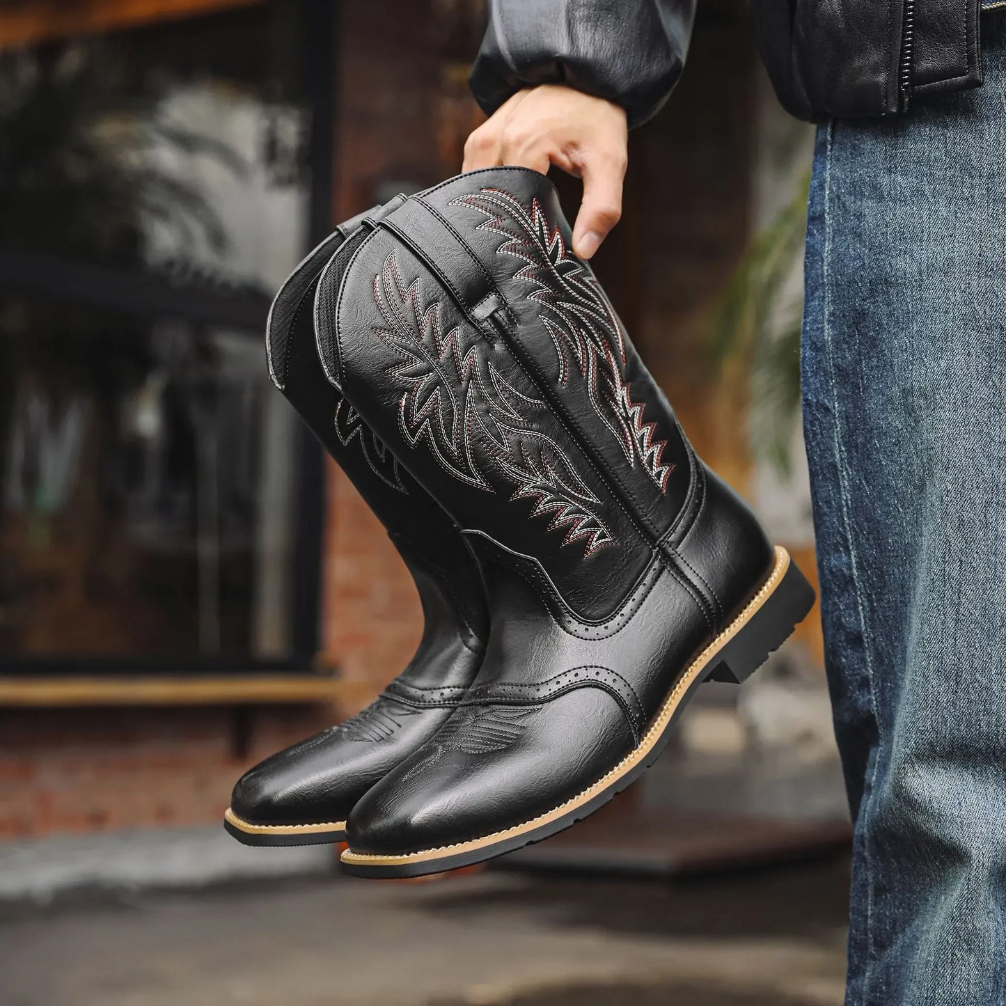 Men's PU Leather Western Embroidered Mid-Calf Pointed Toe Mid Heel Cowboy Boots - CB003
