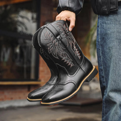 Men's PU Leather Western Embroidered Mid-Calf Pointed Toe Mid Heel Cowboy Boots - CB003