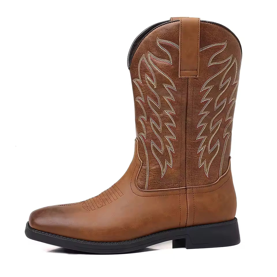 Men's PU Leather Western Embroidered Mid-Calf Pointed Toe Mid Heel Cowboy Boots - CB003
