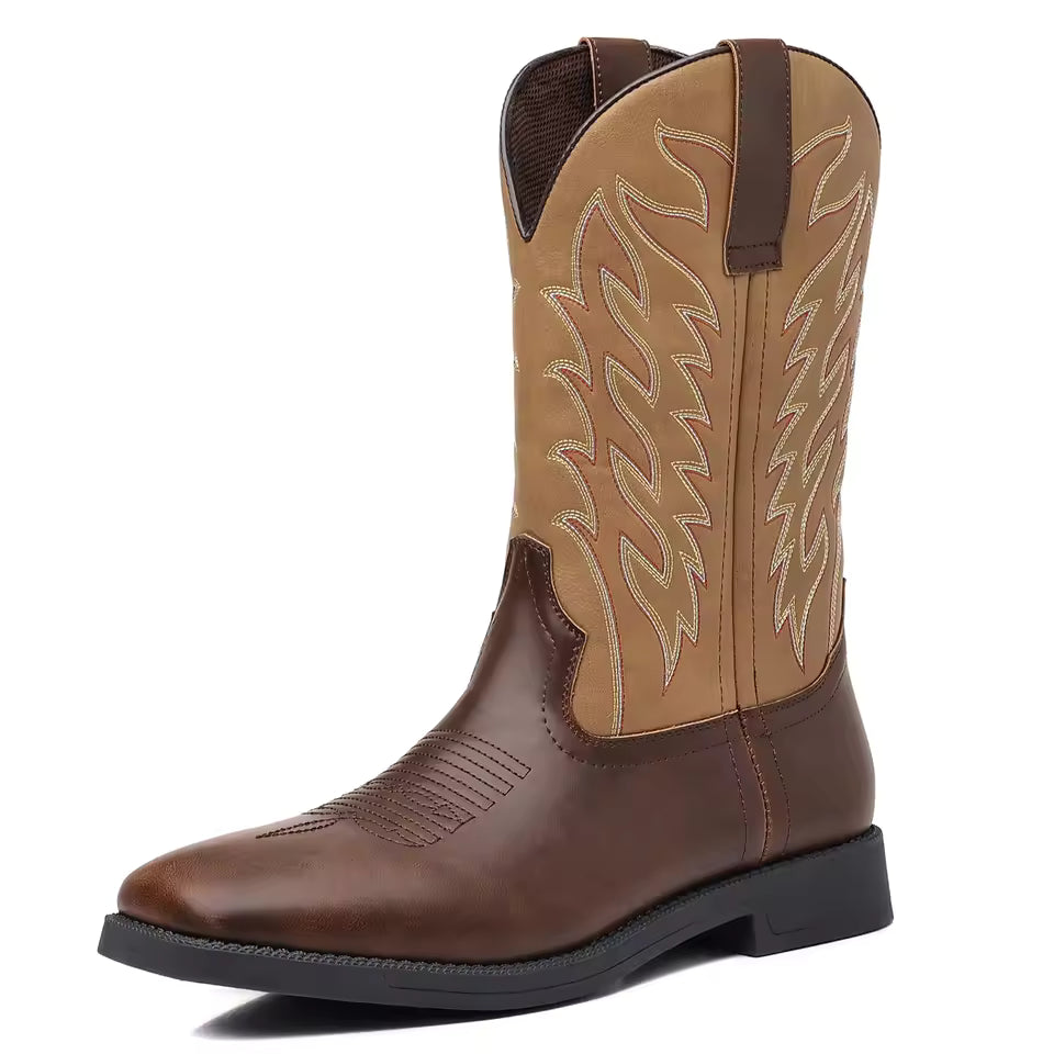 Men's PU Leather Western Embroidered Mid-Calf Pointed Toe Mid Heel Cowboy Boots - CB003