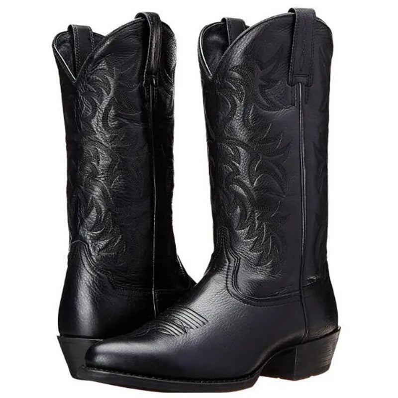 Unisex PU Leather Mid-Calf Pointed Toe Western Cowboy Boots - CB050