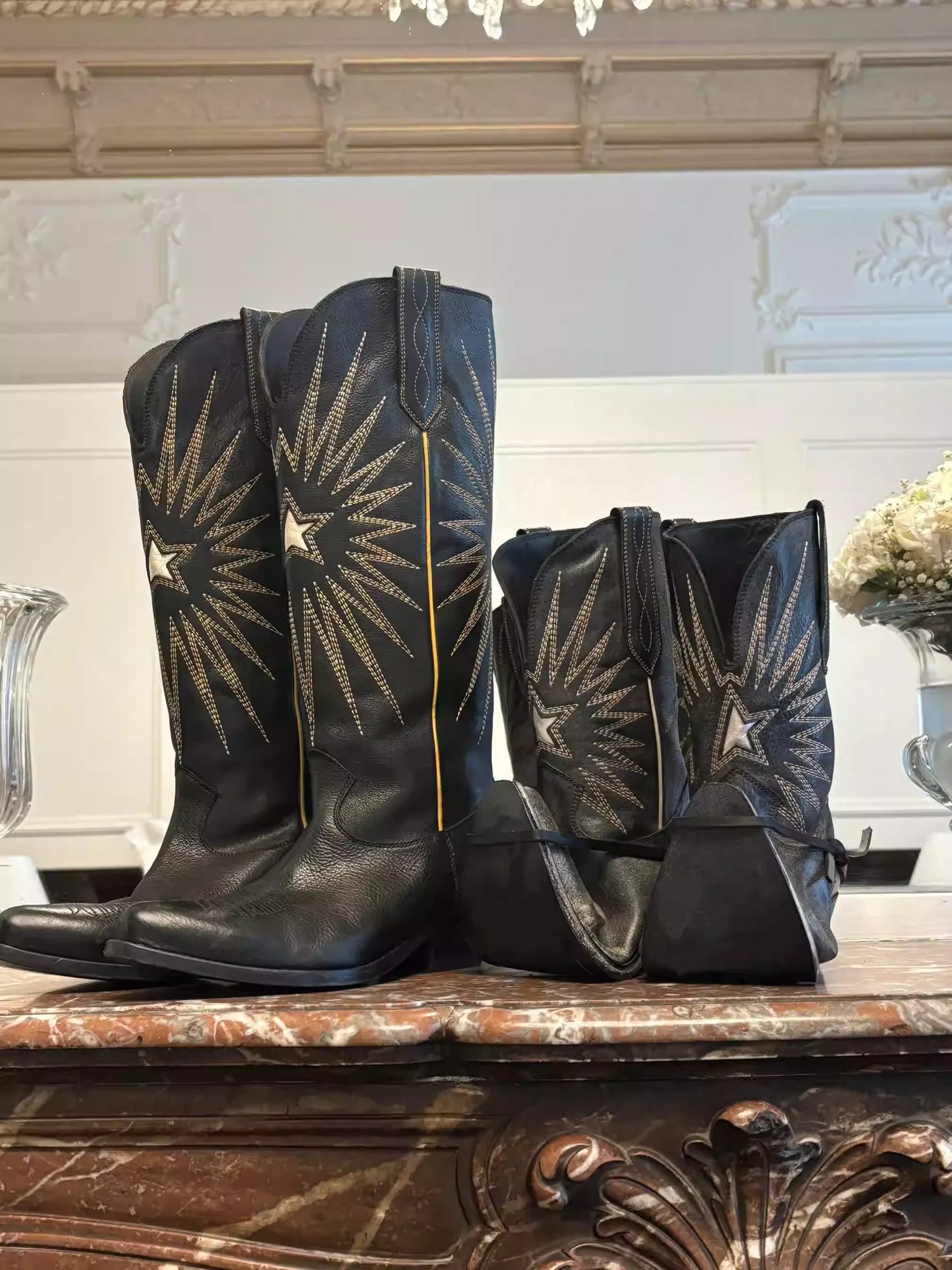 New Autumn/Winter Women's Black Cowboy Boots Star Embroidery Pointed Toe Block Heel Western Music Festival Matching Daily Shoes - CB069