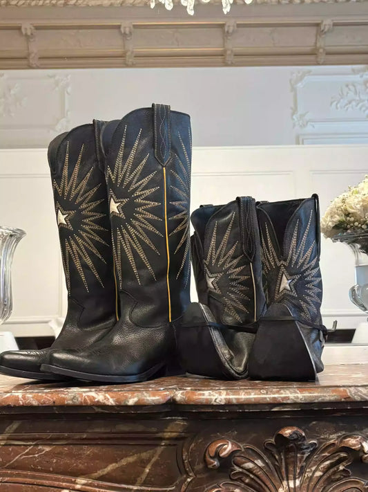 Women's Leather Star Embroidered Knee-High Pointed Toe Block Heel Cowgirl Boots - CB069