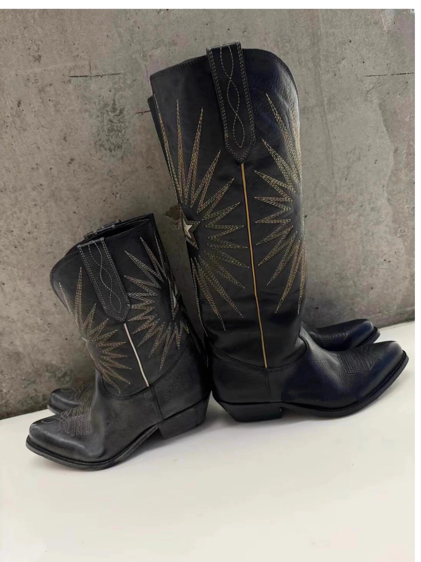 New Autumn/Winter Women's Black Cowboy Boots Star Embroidery Pointed Toe Block Heel Western Music Festival Matching Daily Shoes - CB069