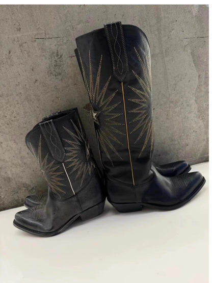 New Autumn/Winter Women's Black Cowboy Boots Star Embroidery Pointed Toe Block Heel Western Music Festival Matching Daily Shoes - CB069