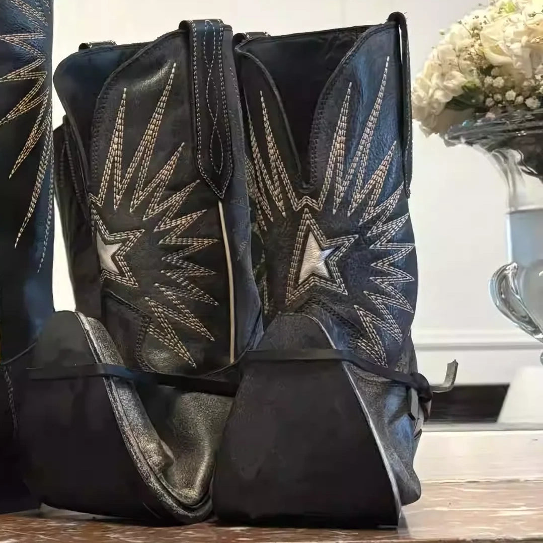New Autumn/Winter Women's Black Cowboy Boots Star Embroidery Pointed Toe Block Heel Western Music Festival Matching Daily Shoes - CB069