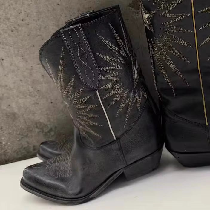 New Autumn/Winter Women's Black Cowboy Boots Star Embroidery Pointed Toe Block Heel Western Music Festival Matching Daily Shoes - CB069