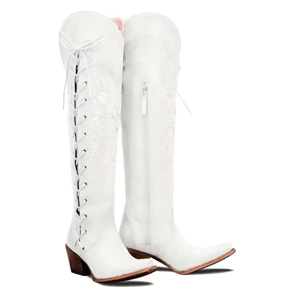 Women's Side-Zip Over-the-Knee Pointed Toe Block Heel Cowgirl Boots - CB026