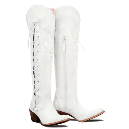 Women's Side-Zip Over-the-Knee Pointed Toe Block Heel Cowgirl Boots - CB026