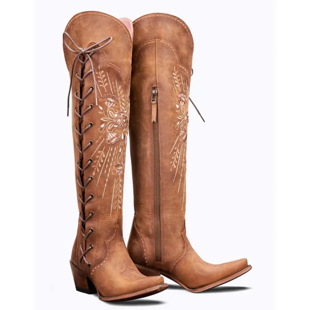 Women's Side-Zip Over-the-Knee Pointed Toe Block Heel Cowgirl Boots - CB026
