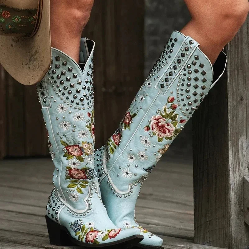 Women's PU Leather Floral Embroidered Studded Ankle Pointed Toe High Heel Cowgirl Boots - CB070