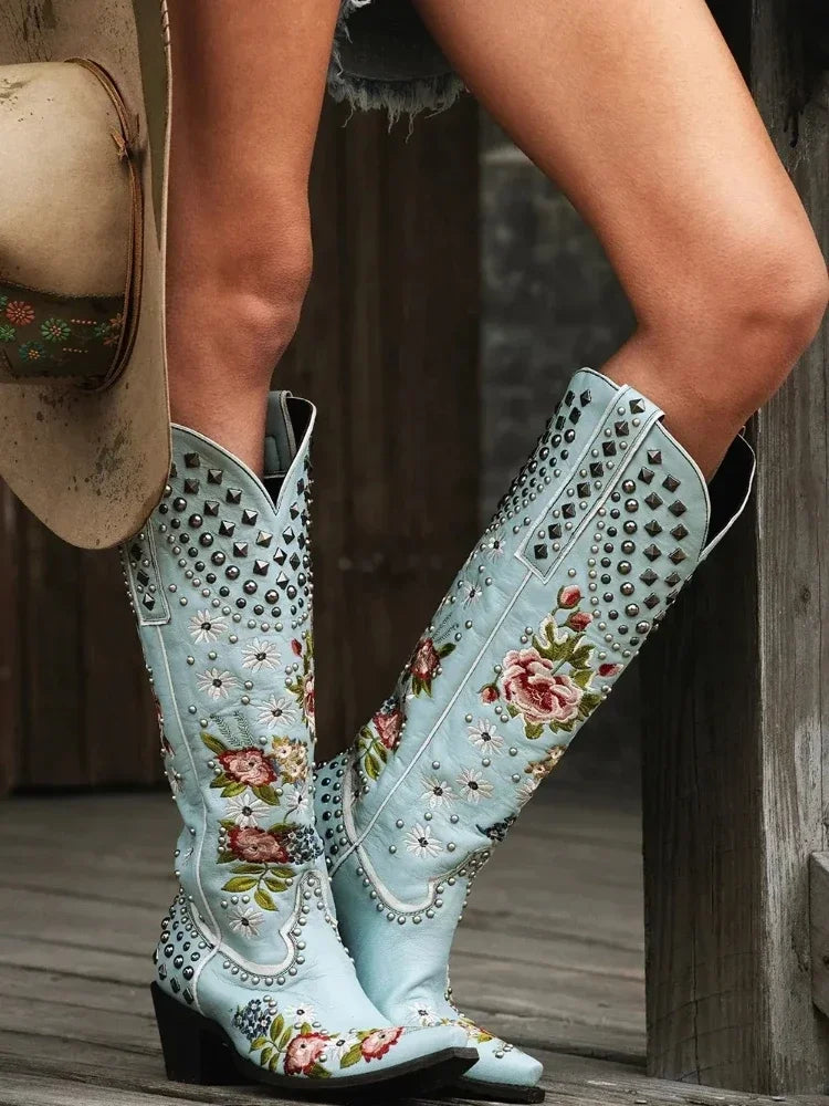 Women's PU Leather Floral Embroidered Studded Ankle Pointed Toe High Heel Cowgirl Boots - CB070