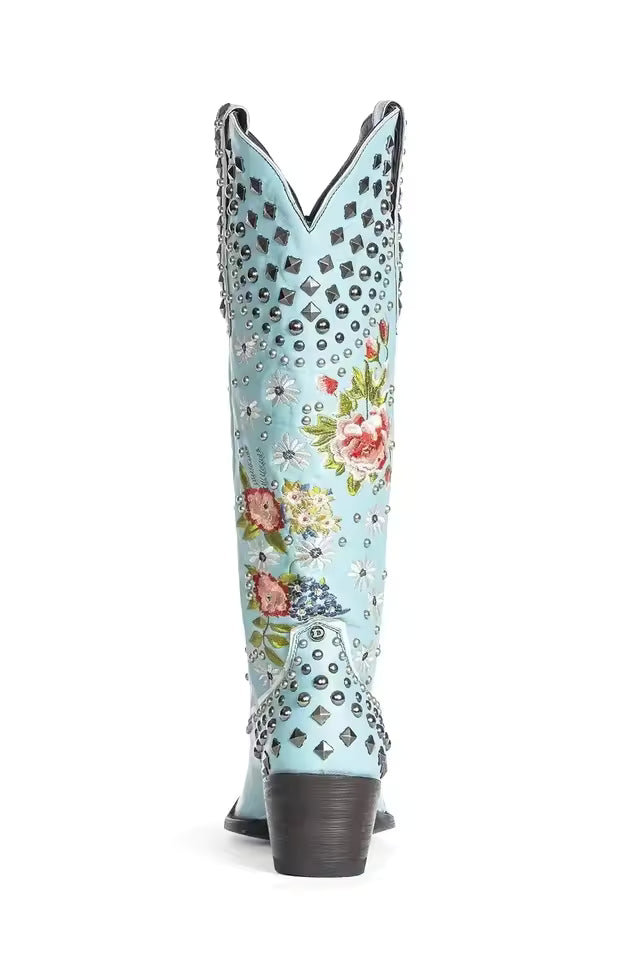 Women's PU Leather Floral Embroidered Studded Ankle Pointed Toe High Heel Cowgirl Boots - CB070