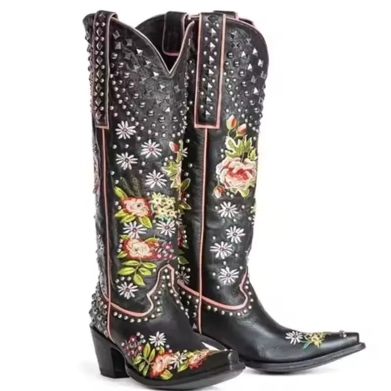 Women's PU Leather Floral Embroidered Studded Ankle Pointed Toe High Heel Cowgirl Boots - CB070