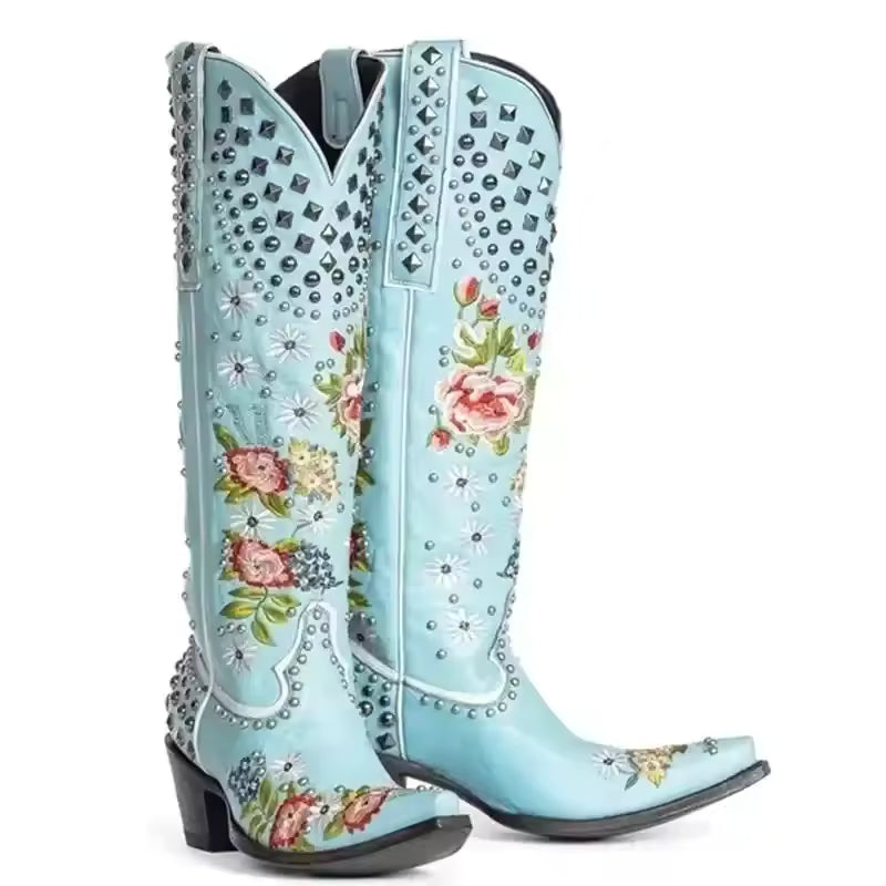 Women's PU Leather Floral Embroidered Studded Ankle Pointed Toe High Heel Cowgirl Boots - CB070