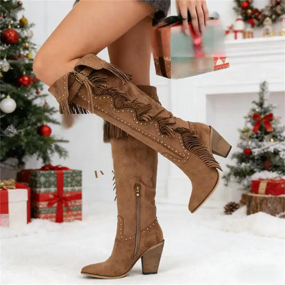 Onlymaker Women's Suede-Look Fringe Studded Side-Zip Knee-High Pointed Toe High Heel Cowgirl Boots - CB046