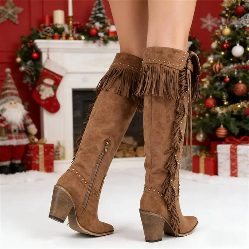 Onlymaker Women's Suede-Look Fringe Studded Side-Zip Knee-High Pointed Toe High Heel Cowgirl Boots - CB046