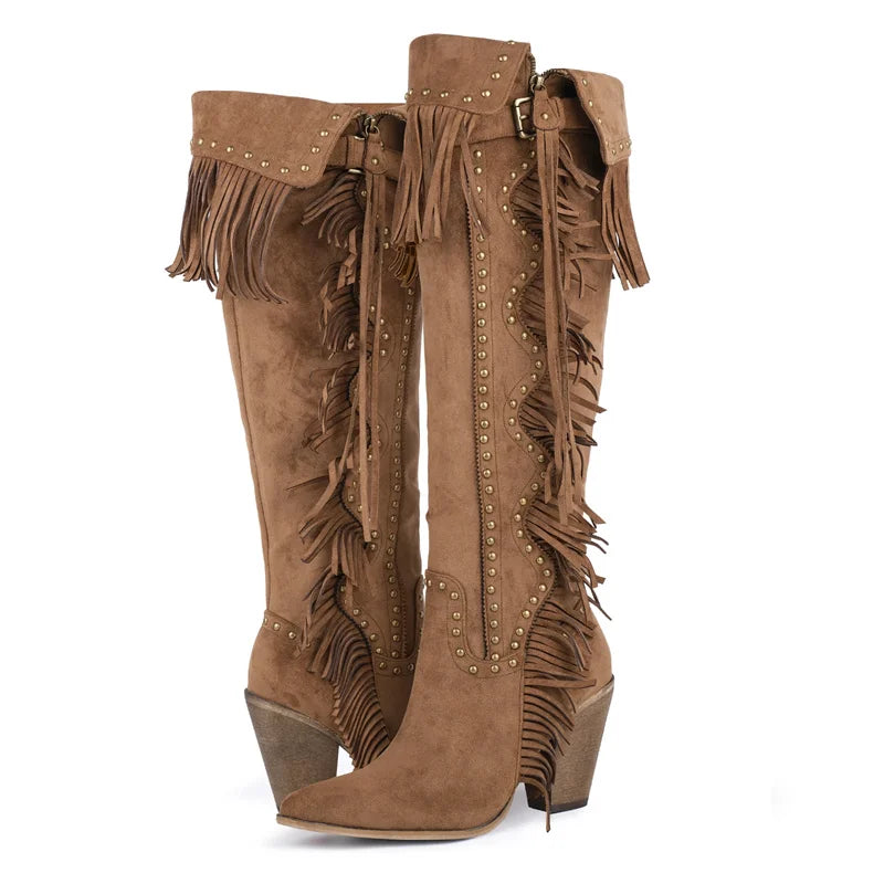 Onlymaker Women's Suede-Look Fringe Studded Side-Zip Knee-High Pointed Toe High Heel Cowgirl Boots - CB046