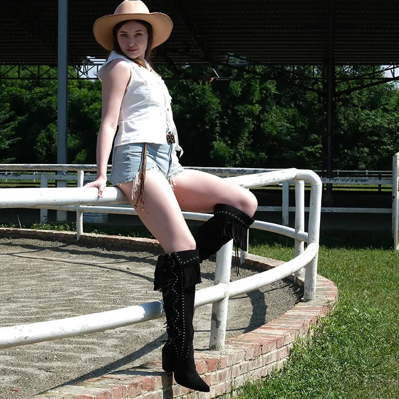 Onlymaker Women's Suede-Look Fringe Studded Side-Zip Knee-High Pointed Toe High Heel Cowgirl Boots - CB046