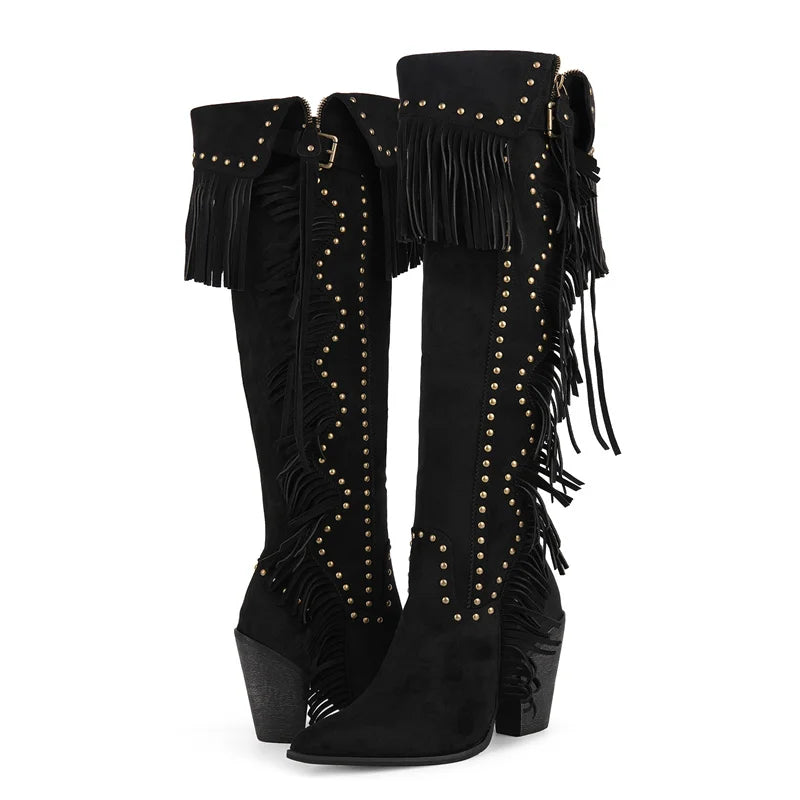 Onlymaker Women's Suede-Look Fringe Studded Side-Zip Knee-High Pointed Toe High Heel Cowgirl Boots - CB046