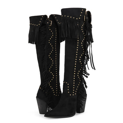 Onlymaker Women's Suede-Look Fringe Studded Side-Zip Knee-High Pointed Toe High Heel Cowgirl Boots - CB046
