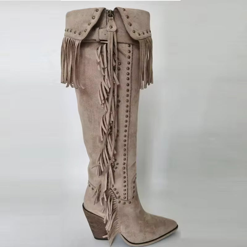 Onlymaker Women's Suede-Look Fringe Studded Side-Zip Knee-High Pointed Toe High Heel Cowgirl Boots - CB046