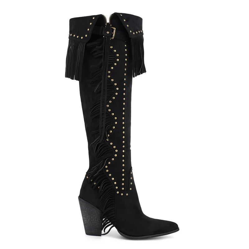 Onlymaker Women's Suede-Look Fringe Studded Side-Zip Knee-High Pointed Toe High Heel Cowgirl Boots - CB046