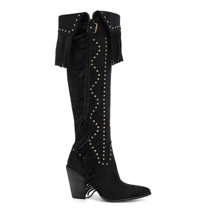 Onlymaker Women's Suede-Look Fringe Studded Side-Zip Knee-High Pointed Toe High Heel Cowgirl Boots - CB046