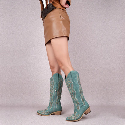 Onlymaker Women's Western Embroidered Side-Zip Knee-High Pointed Toe Block Heel Cowgirl Boots - CB045