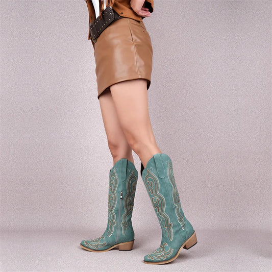 Onlymaker Women Pointed Toe Side Zipper Knee High Embroidery Western Cowgirl Boots Chunky Heel Embroidery Cowboy Boots - CB045