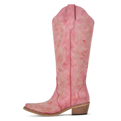 Onlymaker Women's Western Embroidered Side-Zip Knee-High Pointed Toe Block Heel Cowgirl Boots - CB045