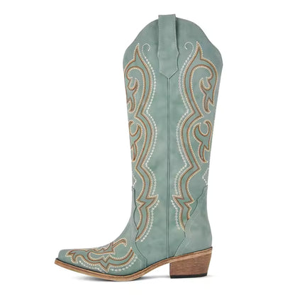 Onlymaker Women's Western Embroidered Side-Zip Knee-High Pointed Toe Block Heel Cowgirl Boots - CB045