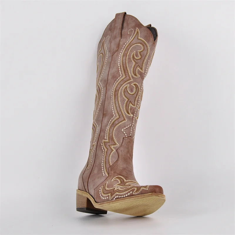 Onlymaker Women's Western Embroidered Side-Zip Knee-High Pointed Toe Block Heel Cowgirl Boots - CB045