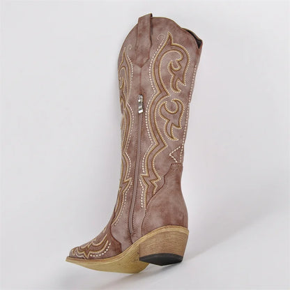 Onlymaker Women's Western Embroidered Side-Zip Knee-High Pointed Toe Block Heel Cowgirl Boots - CB045
