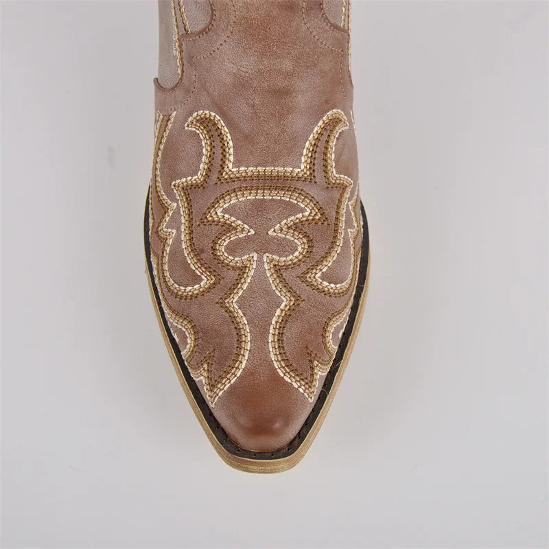 Onlymaker Women's Western Embroidered Side-Zip Knee-High Pointed Toe Block Heel Cowgirl Boots - CB045