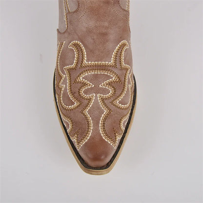 Onlymaker Women's Western Embroidered Side-Zip Knee-High Pointed Toe Block Heel Cowgirl Boots - CB045