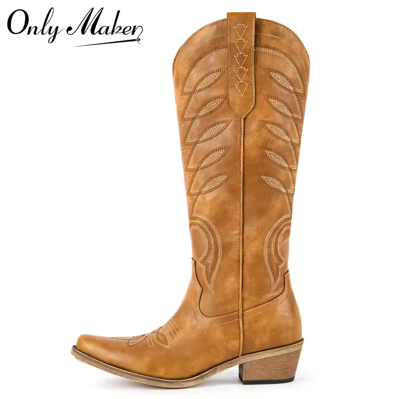 Onlymaker Women's Western Embroidered Side-Zip Knee-High Pointed Toe Block Heel Cowgirl Boots - CB045