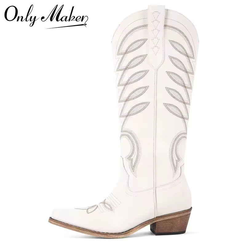 Onlymaker Women's Western Embroidered Side-Zip Knee-High Pointed Toe Block Heel Cowgirl Boots - CB045